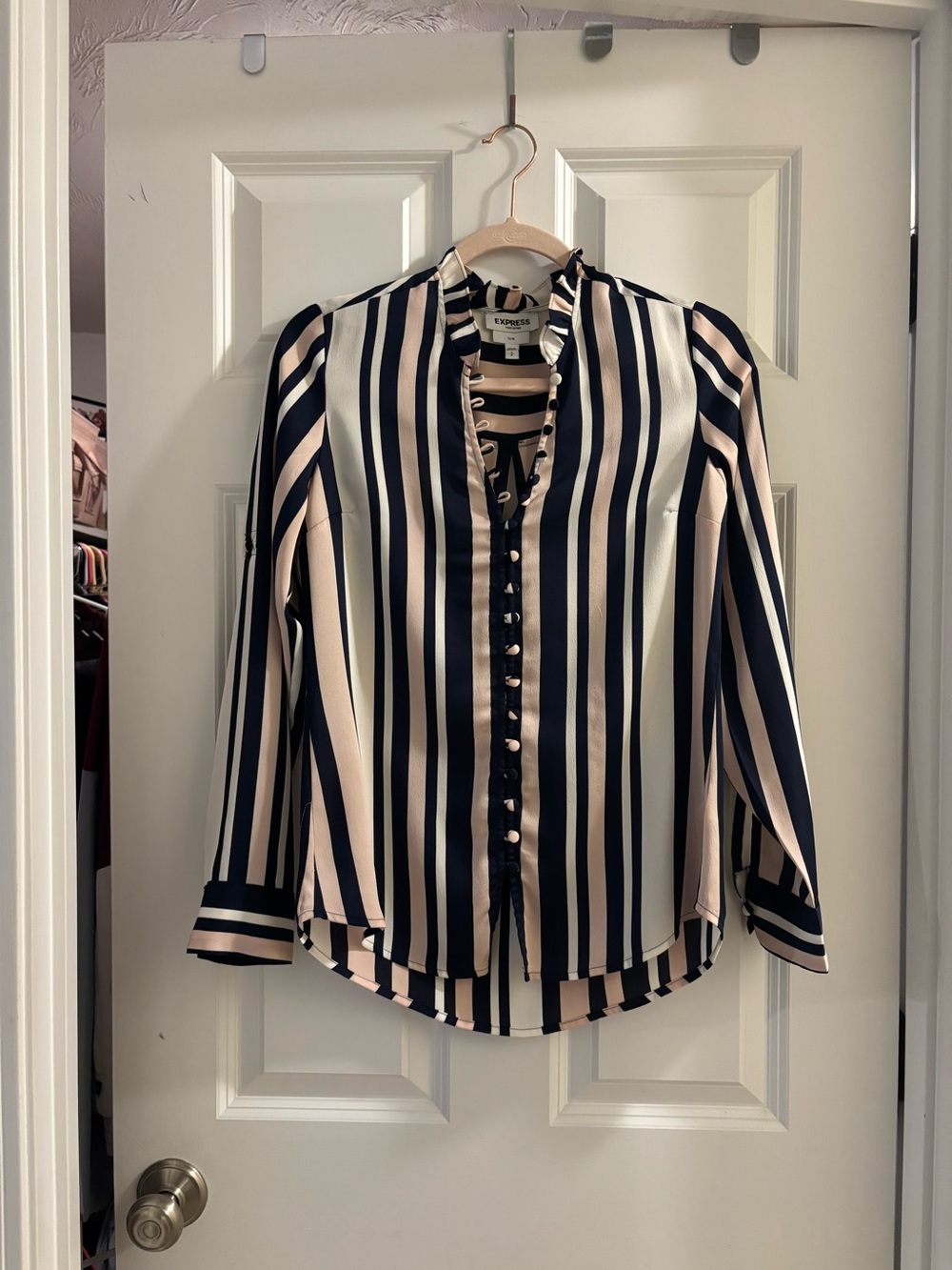 Express Navy and Cream Vertical Stripe Button-Front Blouse
